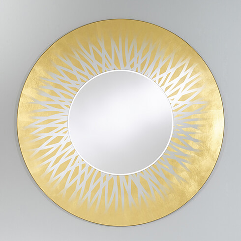 round frameless gold mirror with sunburst design printed