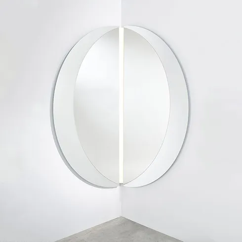 large frameless corner mirror with led strip in middle