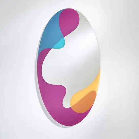 multicoloured print on oval frameless barbiecore mirror - pink, blue and yellow