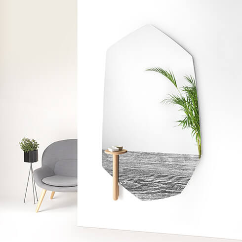 biomorphic mirrors to compliment biophilic design - frameless shaped mirror with wood grain textures