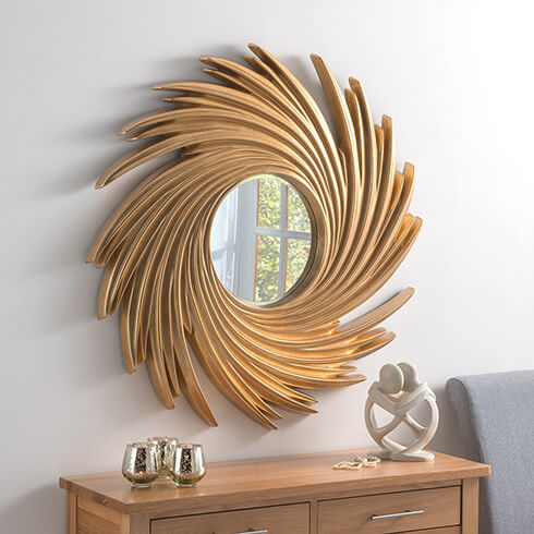 biomorphic mirrors to compliment biophilic design - circular spiral organic style frame in gold