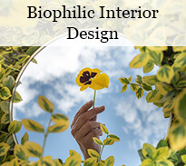 round mirror refelcting flowers and leaves - biophilic design