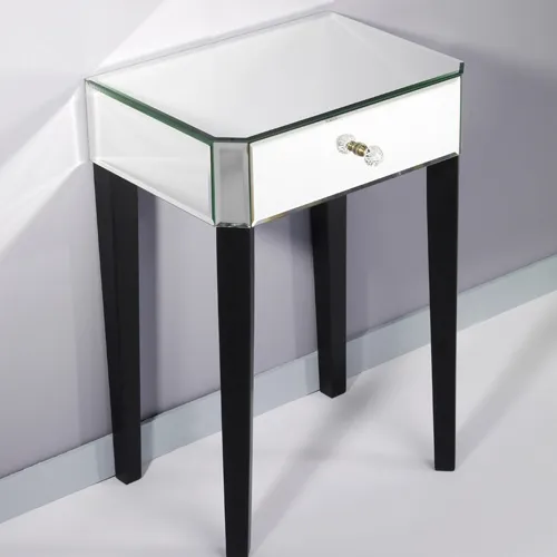 mirrored furniture small side table with drawer and black legs