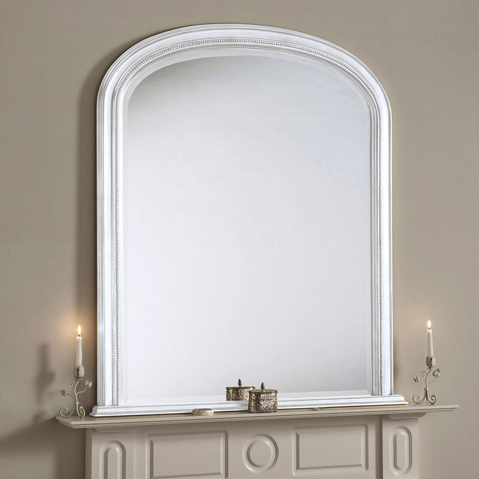 Beaded Bevelled Overmantle Wall Mirror, Over Mantle Mirror White
