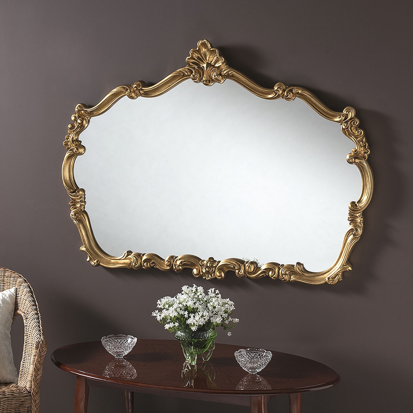 Crested Shaped Large Ornate Framed Wall Mirror Gold £